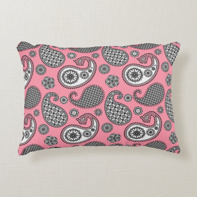 Paisley pattern, shades of grey on pink decorative cushion (Front)