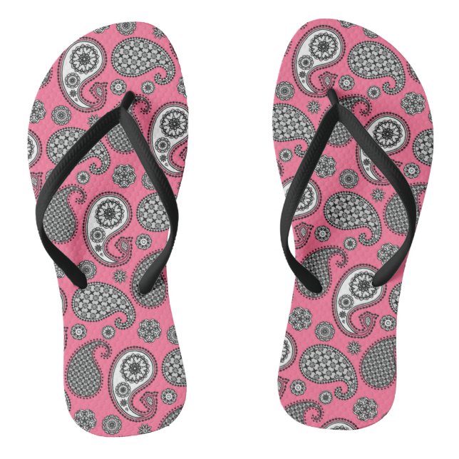 Paisley pattern, shades of grey on pink flip flops (Footbed)