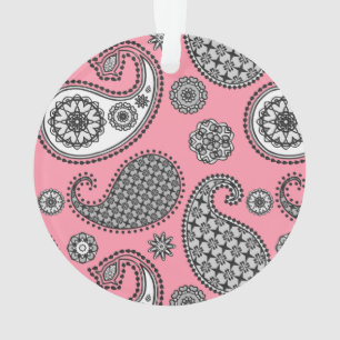 Paisley pattern, shades of grey on pink ornament