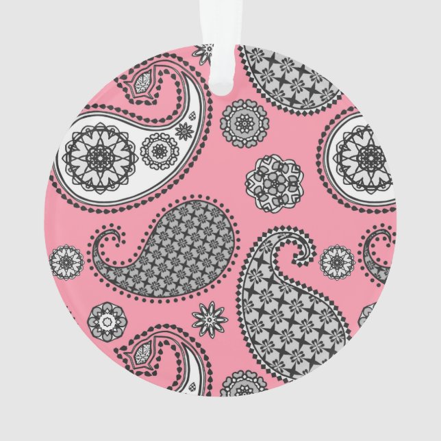 Paisley pattern, shades of grey on pink ornament (Back)
