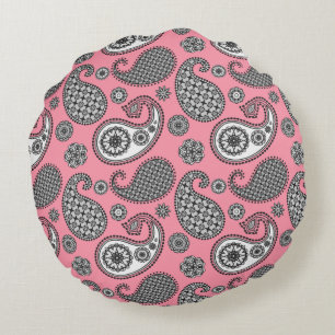Paisley pattern, shades of grey on pink round cushion