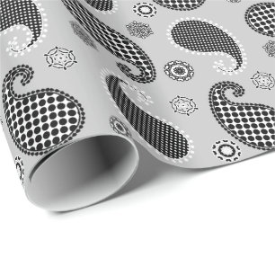Paisley pattern, silver grey, black and white wrapping paper