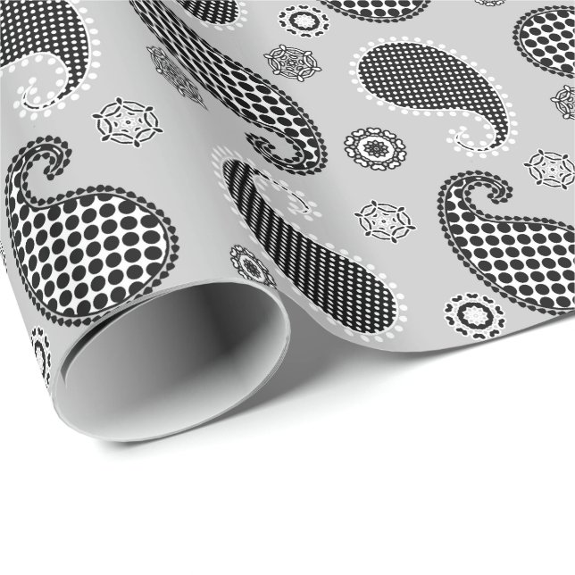 Paisley pattern, silver grey, black and white wrapping paper (Roll Corner)