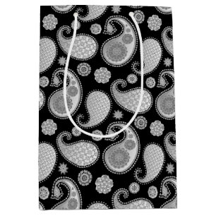 Paisley pattern, Silver Grey / Grey on Black Medium Gift Bag