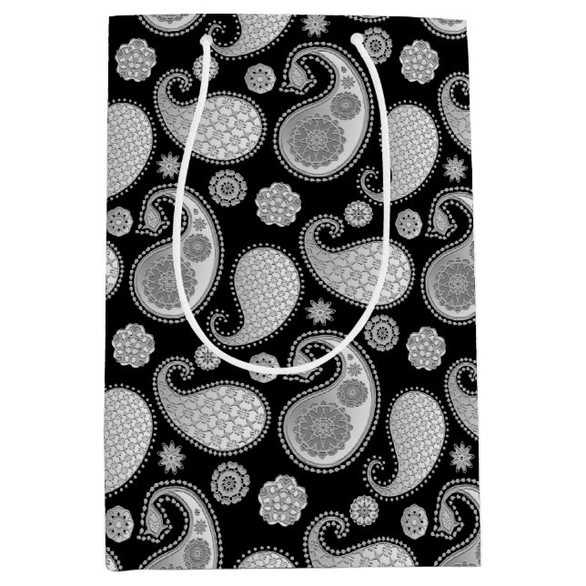 Paisley pattern, Silver Grey / Grey on Black Medium Gift Bag (Front)