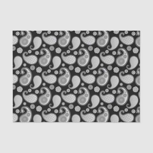Paisley pattern, Silver Grey / Grey on Black Tissue Paper (Front)