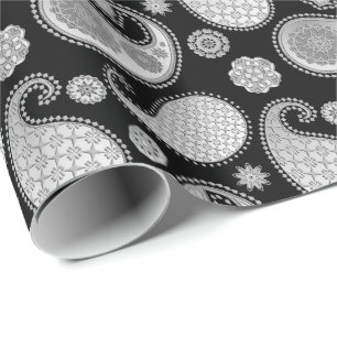 Paisley pattern, Silver Grey / Grey on Black Wrapping Paper