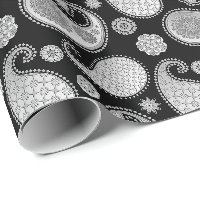 Paisley pattern, Silver Grey / Grey on Black Wrapping Paper (Roll Corner)