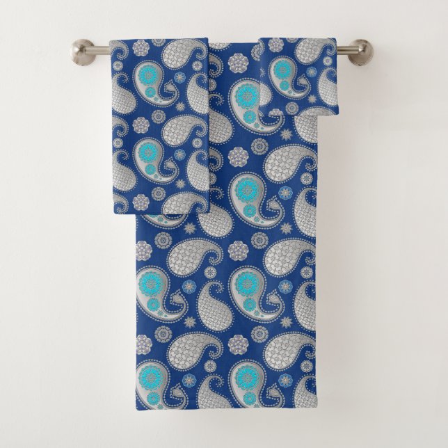 Paisley pattern, Silver Grey / Grey on Cobalt Blue Bath Towel Set (Insitu)