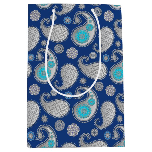Paisley pattern, Silver Grey / Grey on Cobalt Blue Medium Gift Bag (Front)