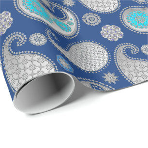 Paisley pattern, Silver Grey / Grey on Cobalt Blue Wrapping Paper