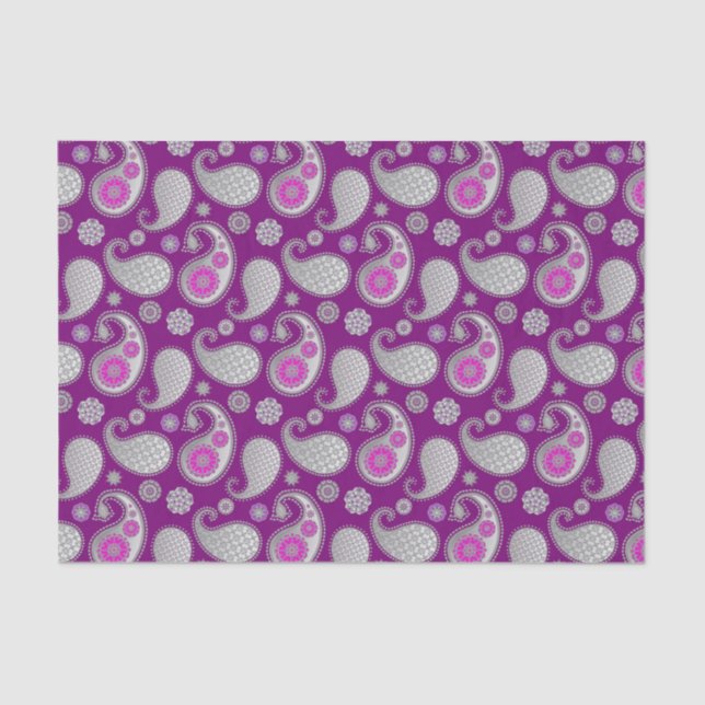 Paisley pattern, Silver Grey / Grey on Deep Purple Tissue Paper (Front)