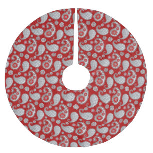 Paisley pattern, Silver Grey / Grey on Deep Red Brushed Polyester Tree Skirt