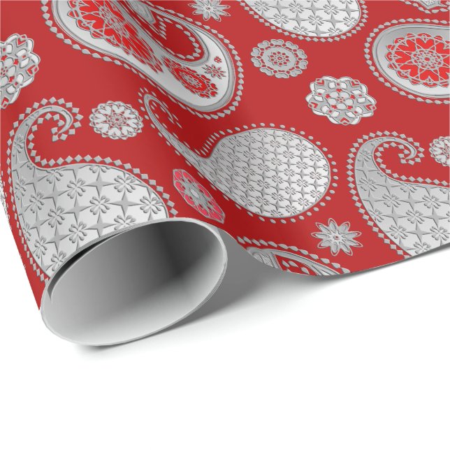 Paisley pattern, Silver Grey / Grey on Deep Red Wrapping Paper (Roll Corner)