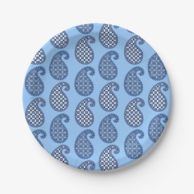Paisley pattern, sky blue, navy and white paper plate (Front)