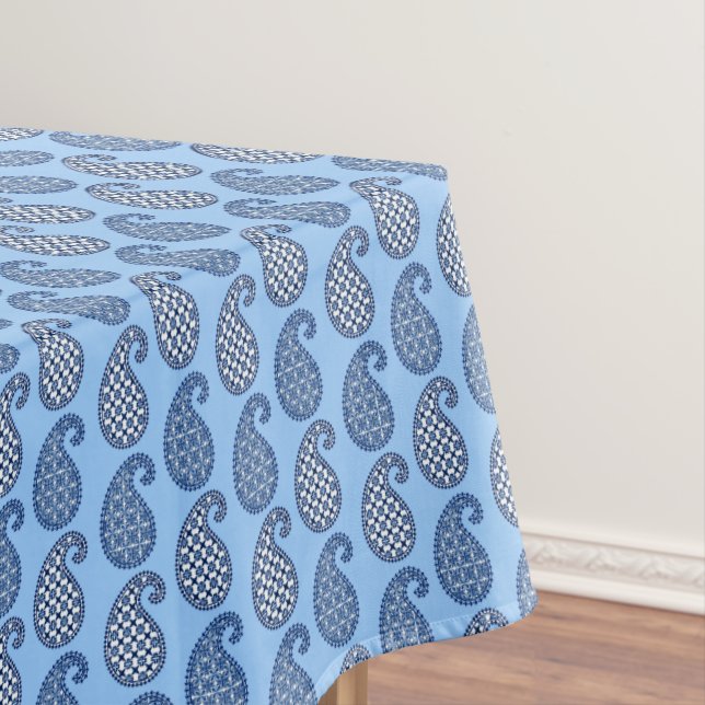 Paisley pattern, sky blue, navy and white tablecloth (In Situ)