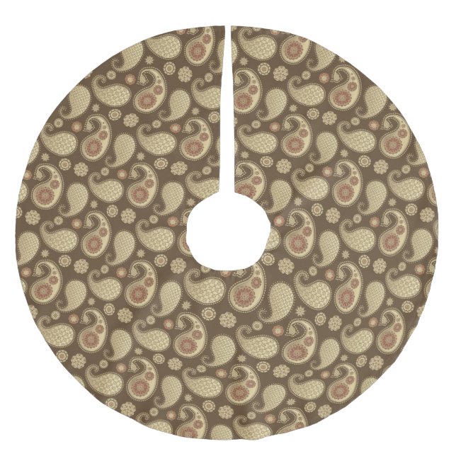 Paisley pattern, Soft Gold on Chocolate Brown Brushed Polyester Tree Skirt (Front)