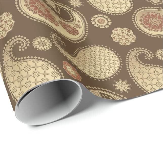 Paisley pattern, Soft Gold on Chocolate Brown Wrapping Paper (Roll Corner)