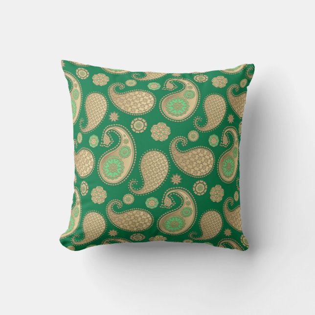 Paisley pattern, Soft Gold on Emerald Green Cushion (Front)