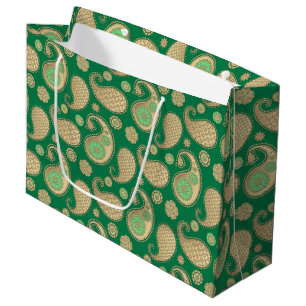 Paisley pattern, Soft Gold on Emerald Green Large Gift Bag
