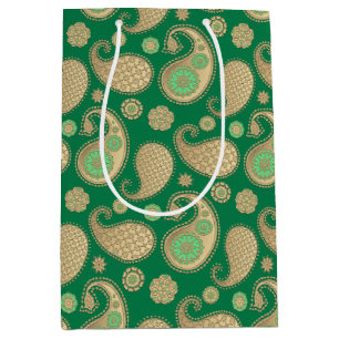 Paisley pattern, Soft Gold on Emerald Green Medium Gift Bag