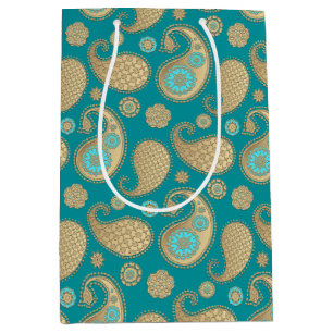 Paisley pattern, Soft Gold on Turquoise Medium Gift Bag