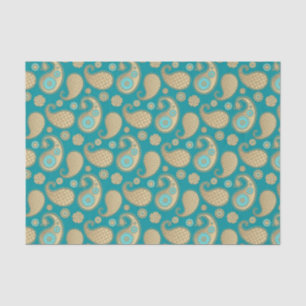 Paisley pattern, Soft Gold on Turquoise Tissue Paper
