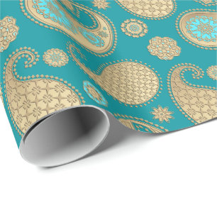Paisley pattern, Soft Gold on Turquoise Wrapping Paper