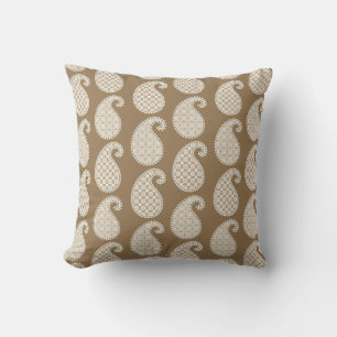 Paisley pattern, taupe tan and white cushion