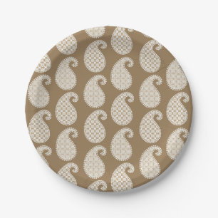 Paisley pattern, taupe tan and white paper plate