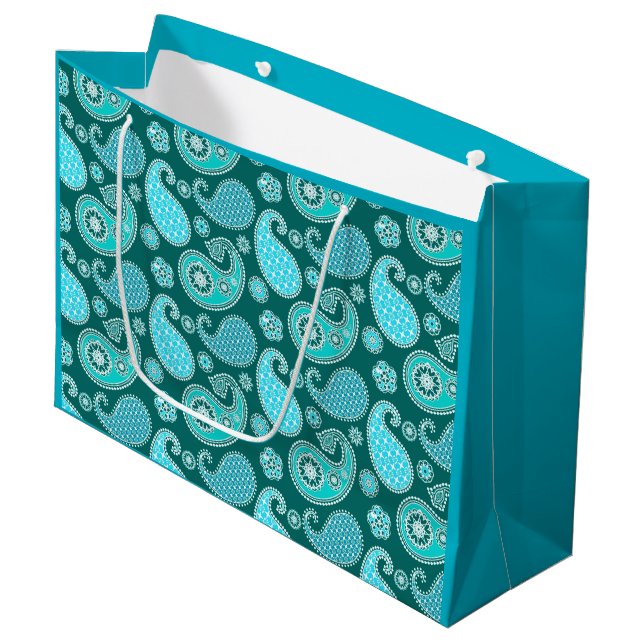 Paisley pattern, Teal, Aqua and White Large Gift Bag (Front Angled)