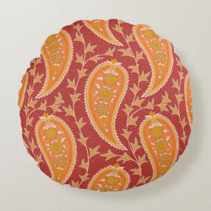 Paisley pattern. Turkish cucumber. Maroon-orange c Round Cushion