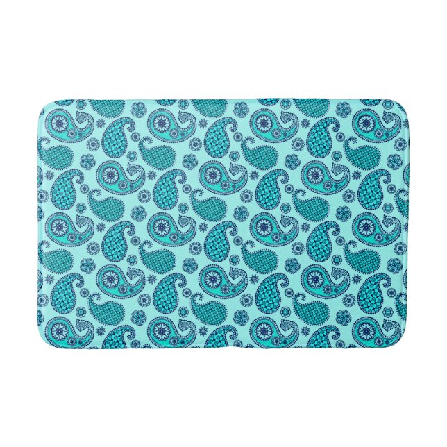 Paisley pattern, turquoise, aqua and navy bath mat (Front)