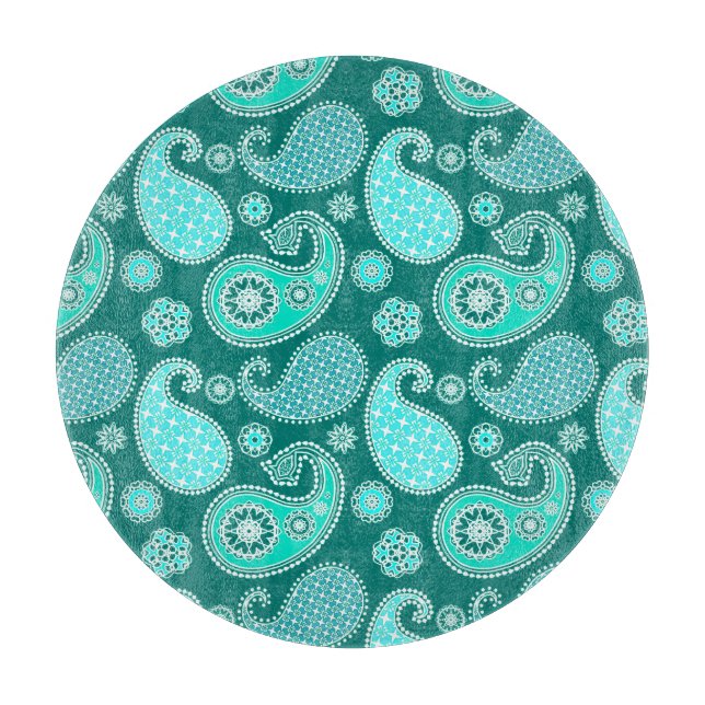 Paisley pattern, Turquoise, Aqua and White Cutting Board (Front)