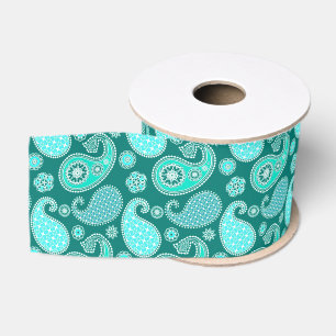 Paisley pattern, Turquoise, Aqua and White Grosgrain Ribbon