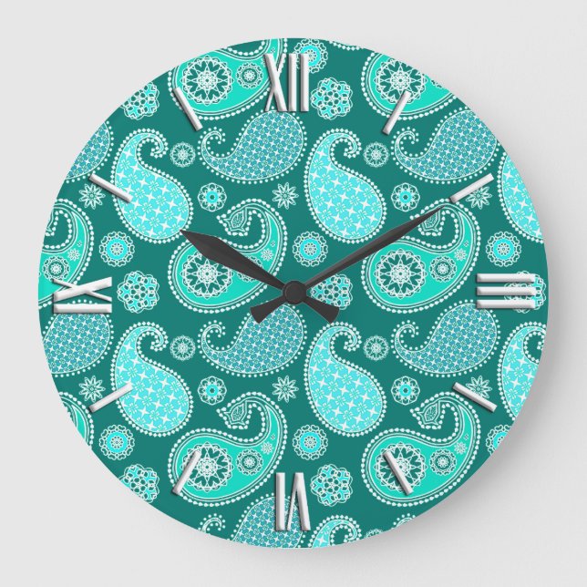 Paisley pattern, Turquoise, Aqua and White Large Clock (Front)