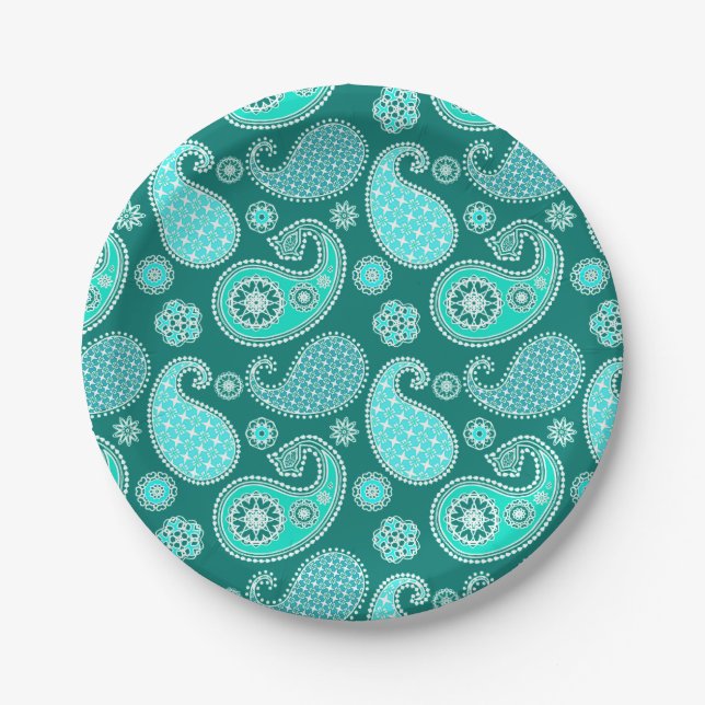 Paisley pattern, Turquoise, Aqua and White Paper Plate (Front)