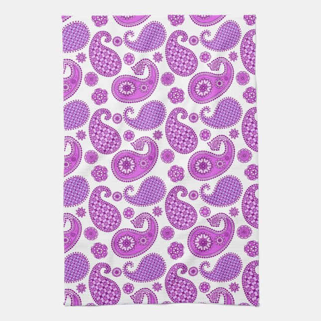 Paisley pattern, violet, purple and white tea towel (Vertical)