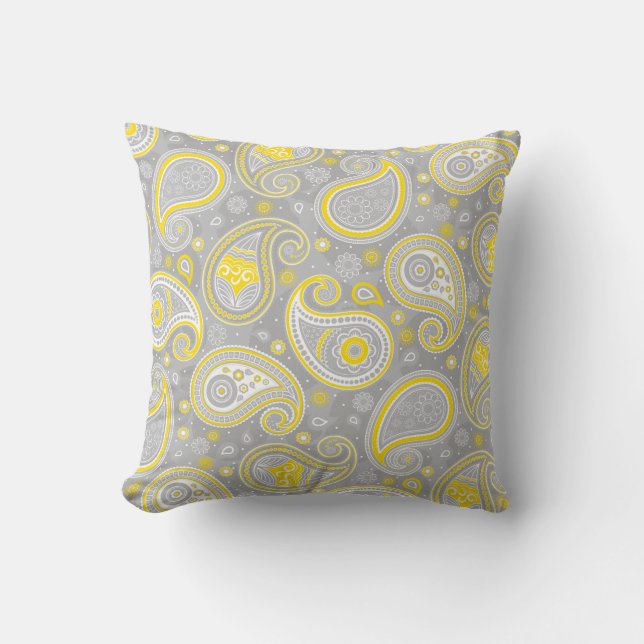 Paisley pattern yellow and grey elegant cushion (Front)