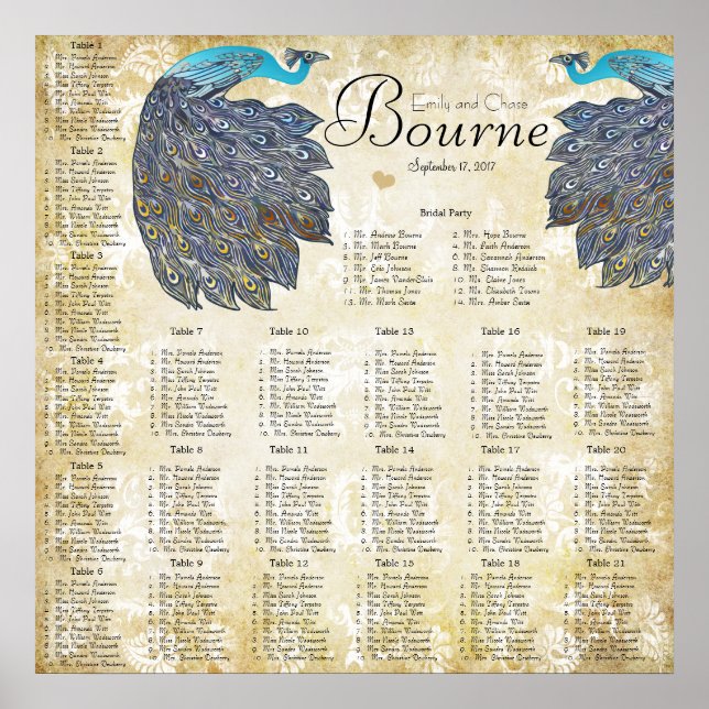 Paisley Peacock Colours Reception Seating Chart (Front)