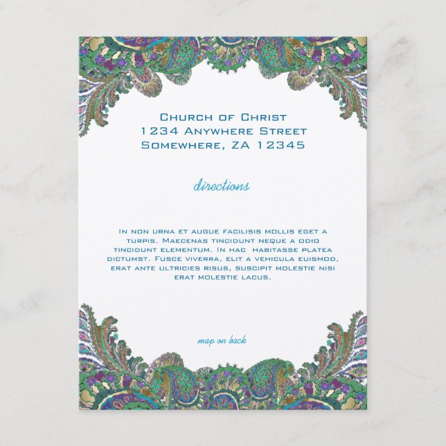 Paisley Peacock Colours Wedding Direction Receptio Enclosure Card (Front)