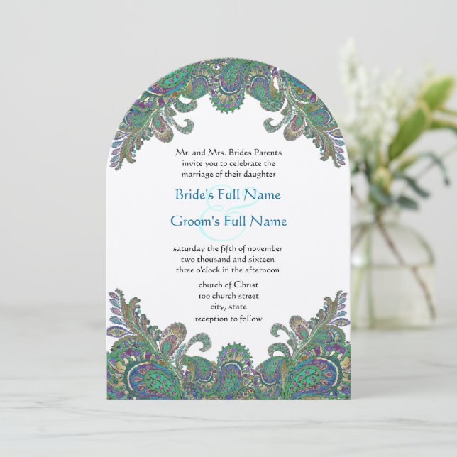 Paisley Peacock Colours Wedding Invitation (Standing Front)