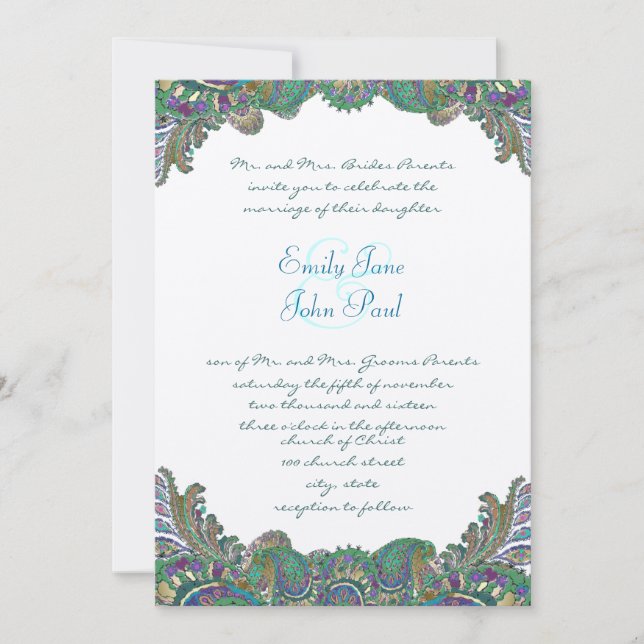 Paisley Peacock Colours Wedding Invitations (Front)