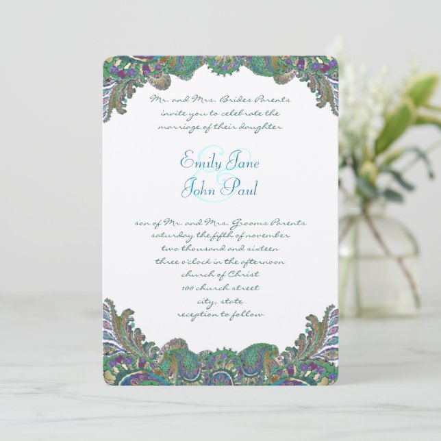 Paisley Peacock Colours Wedding Invitations (Standing Front)