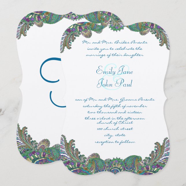 Paisley Peacock Colours Wedding Invitations (Front/Back)