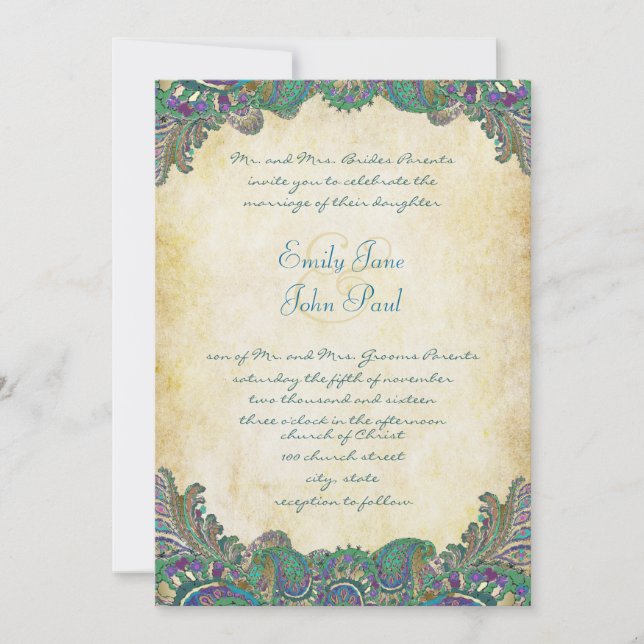 Paisley Peacock Colours Wedding Invitations (Front)
