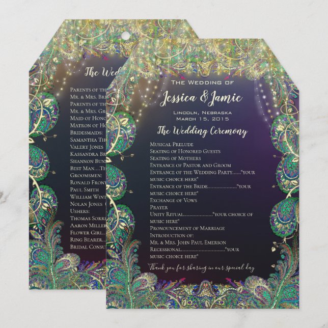 Paisley Peacock Colours Wedding Program Programme (Front/Back)