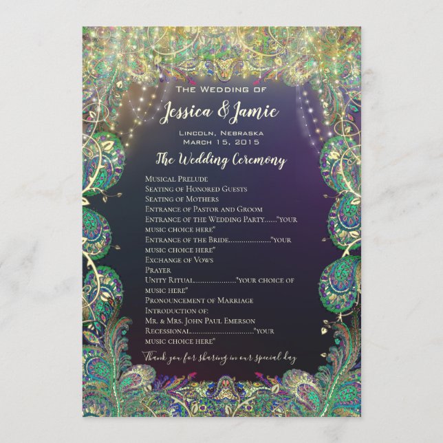 Paisley Peacock Colours Wedding Program Programme (Front)