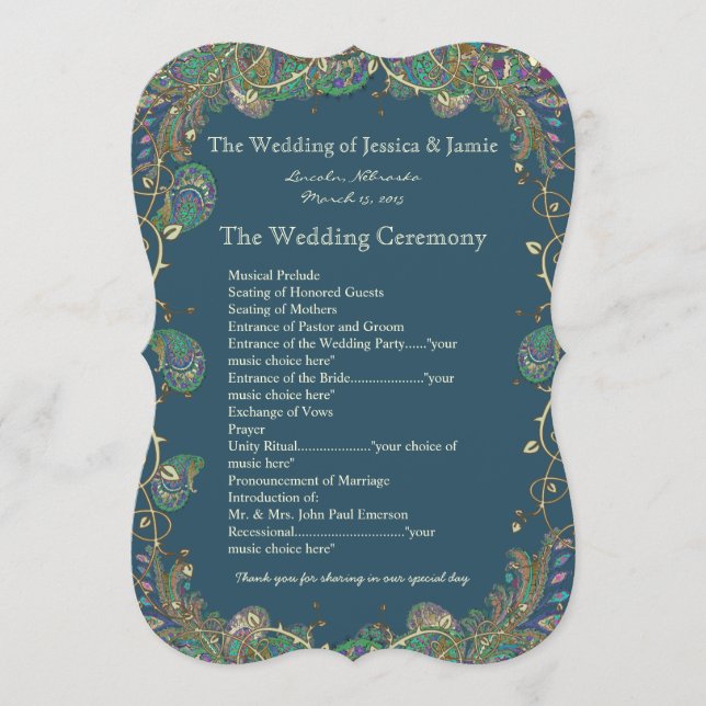 Paisley Peacock Colours Wedding Program Programme (Front)