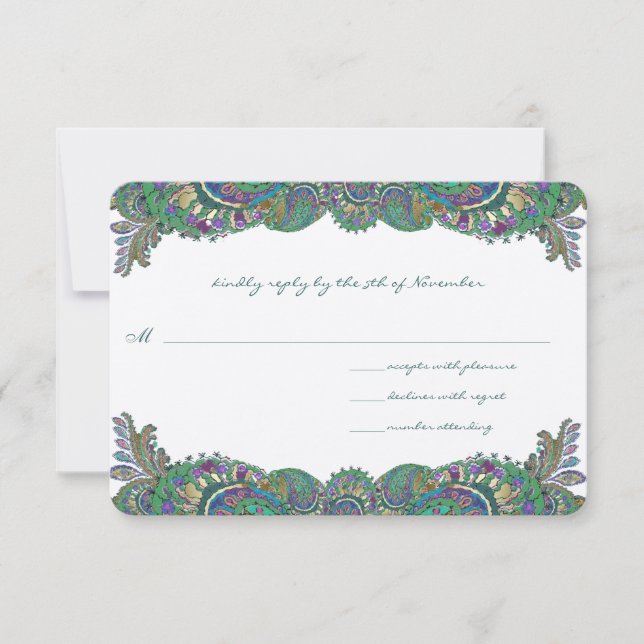Paisley Peacock Colours Wedding Response Cards (Front)